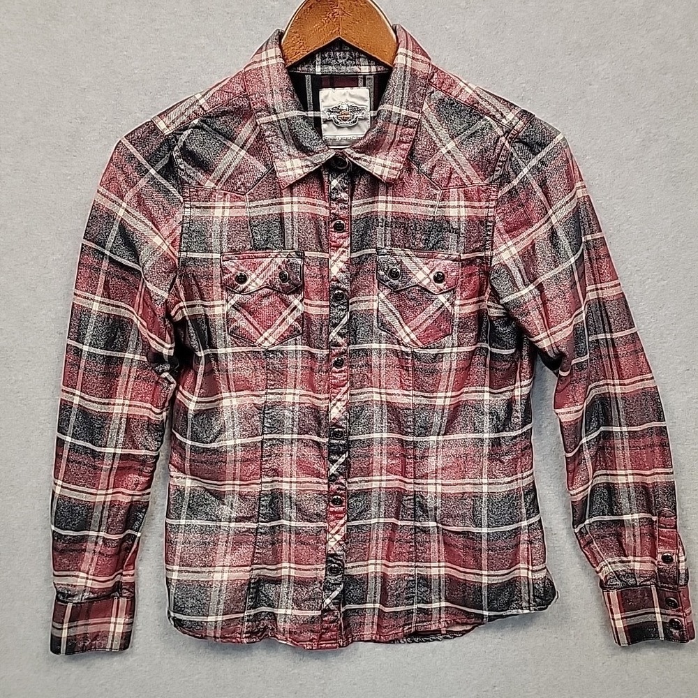 HARLEY DAVIDSON Shirt Black Pearl Snap Red Shiny Plaid Womens Back Art Sz Small